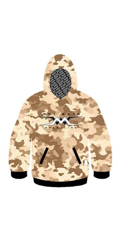 Camouflage hoodie with a brand logo on a white background