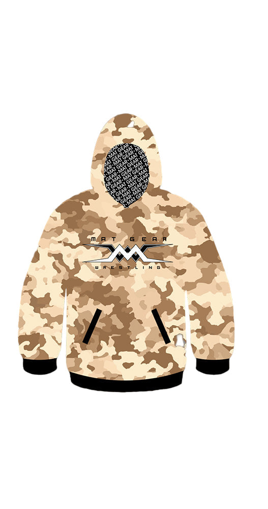 Camouflage hoodie with a brand logo on a white background